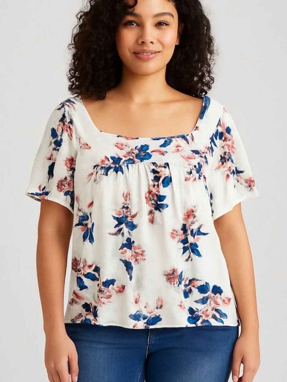 Lucky Brand Floral Square Neck Pleated Top Blouse Size Large
